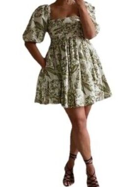 NEW Abercrombie & Fitch Large Emerson Poplin Puff Sleeve Mini Dress Green Cotton